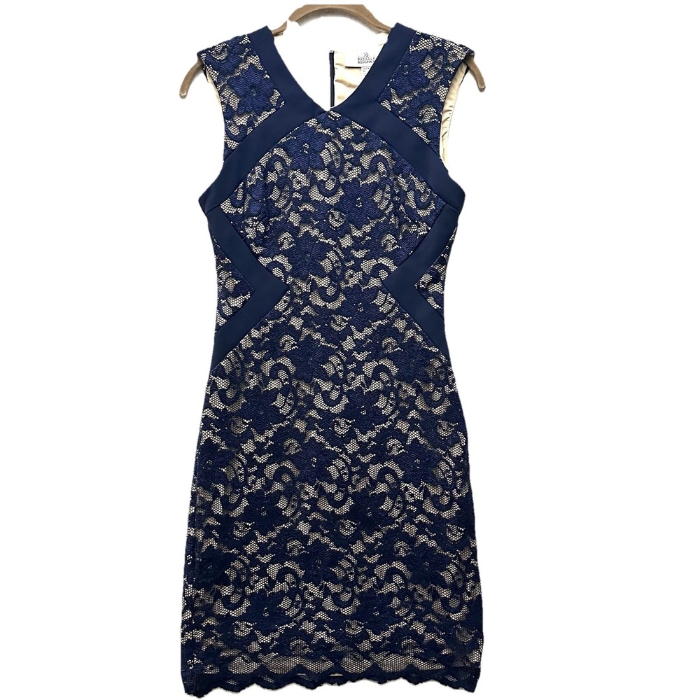 Belle Badgley Mischka Sz 2 Bodycon Dress Navy Blue Lace Overlay Cocktail Party